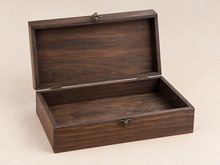 Load image into Gallery viewer, Wood storage box, Walnut Stain finish, hinged lid open