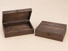 Load image into Gallery viewer, Wood storage box, Walnut Stain finish, shown open and closed